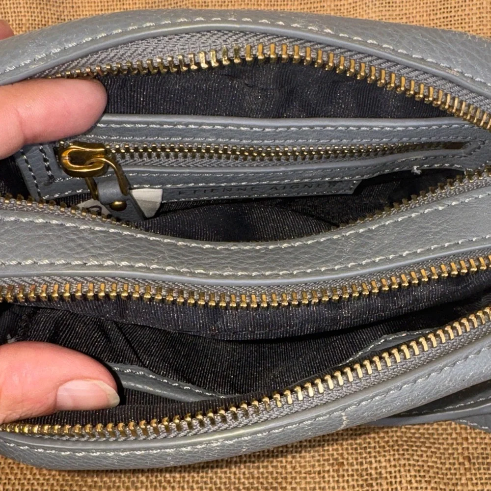 Etienne Aigner Gray Leather Crossbody Bag Purse Logo Camera Bag Stella Mini